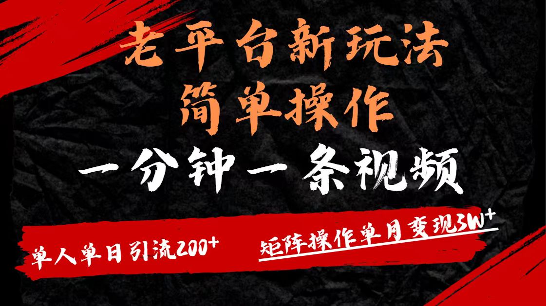 老平台，新玩法，简单操作，一分钟一条视频，单人单人引流200+矩阵操作，单月变现3W-千图副业网