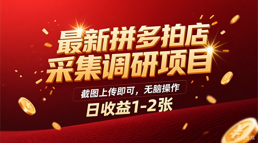 最新拼多多拍店采集调研项目，截图上传即可，无脑操作，日收益1-2张-千图副业网